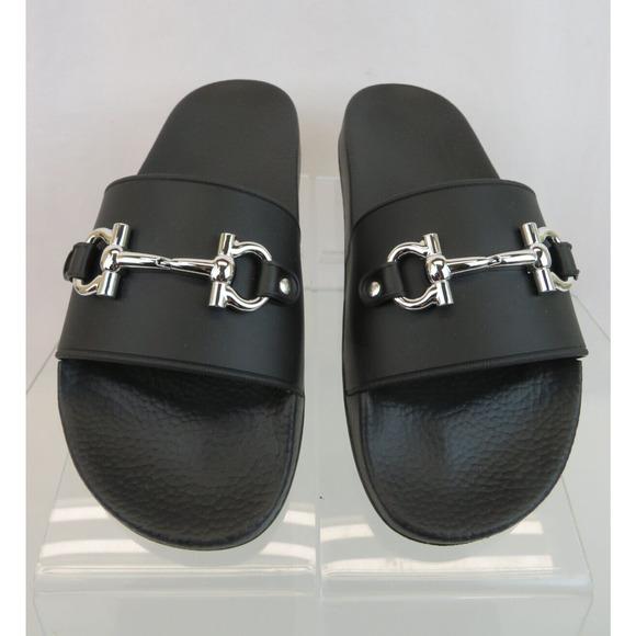NIB FERRAGAMO GROOVY 11 BLACK RUBBER SILVER GANCINI BIT LOGO SANDALS SLIDES 8 M - Picture 10 of 13
